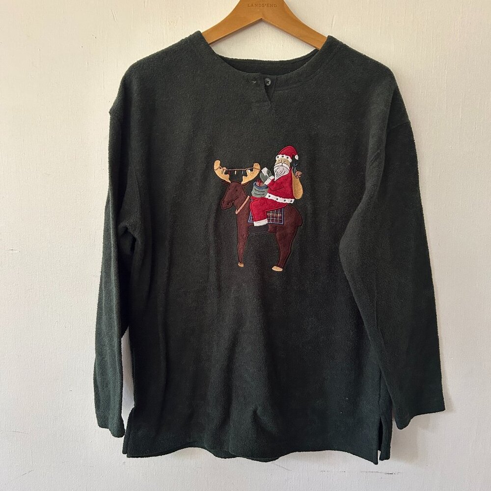 Christopher & Banks Pullover Fleece Womens Medium Green VTG Santa Holiday